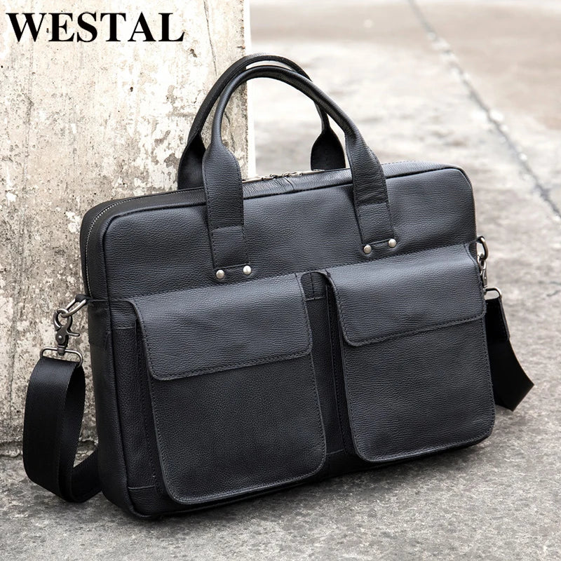 WESTAL 100% Leather Laptop Bag 15.6 Men&#39;s Briefcases Genuine Leather Shoulder Bag for Men Handbags Designer Bags for Document A4